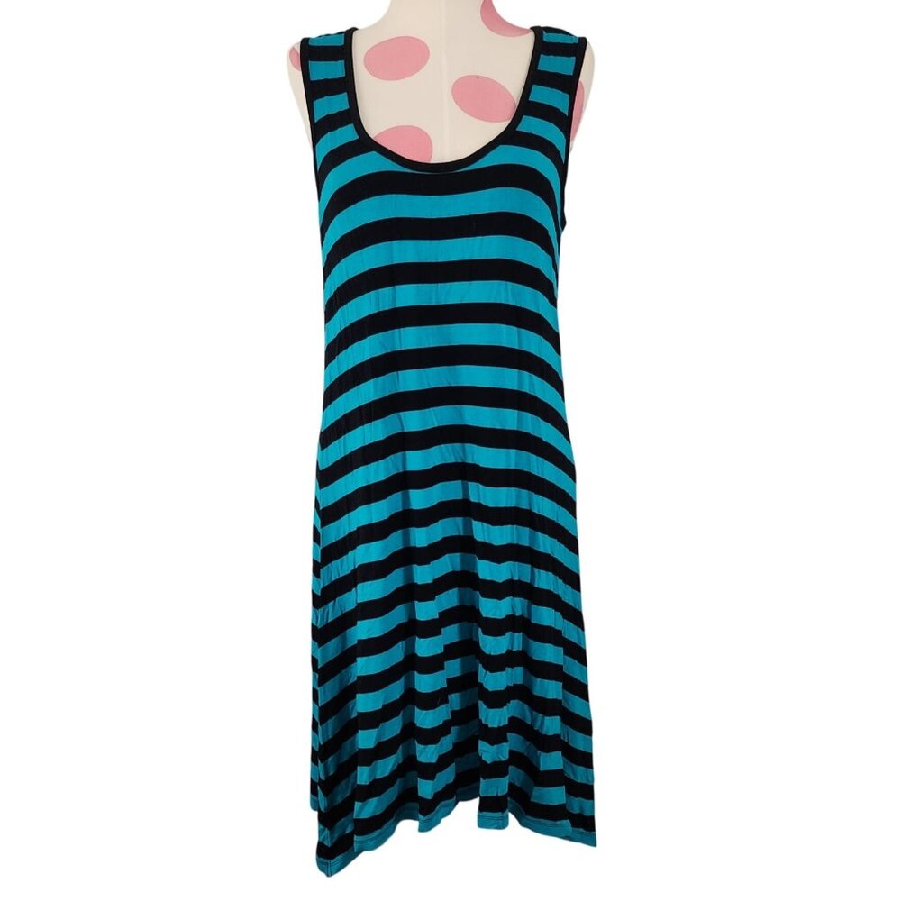 Women's Ann Taylor LOFT Blue Black Striped Asymmetrical Dress Soft Small Stretch